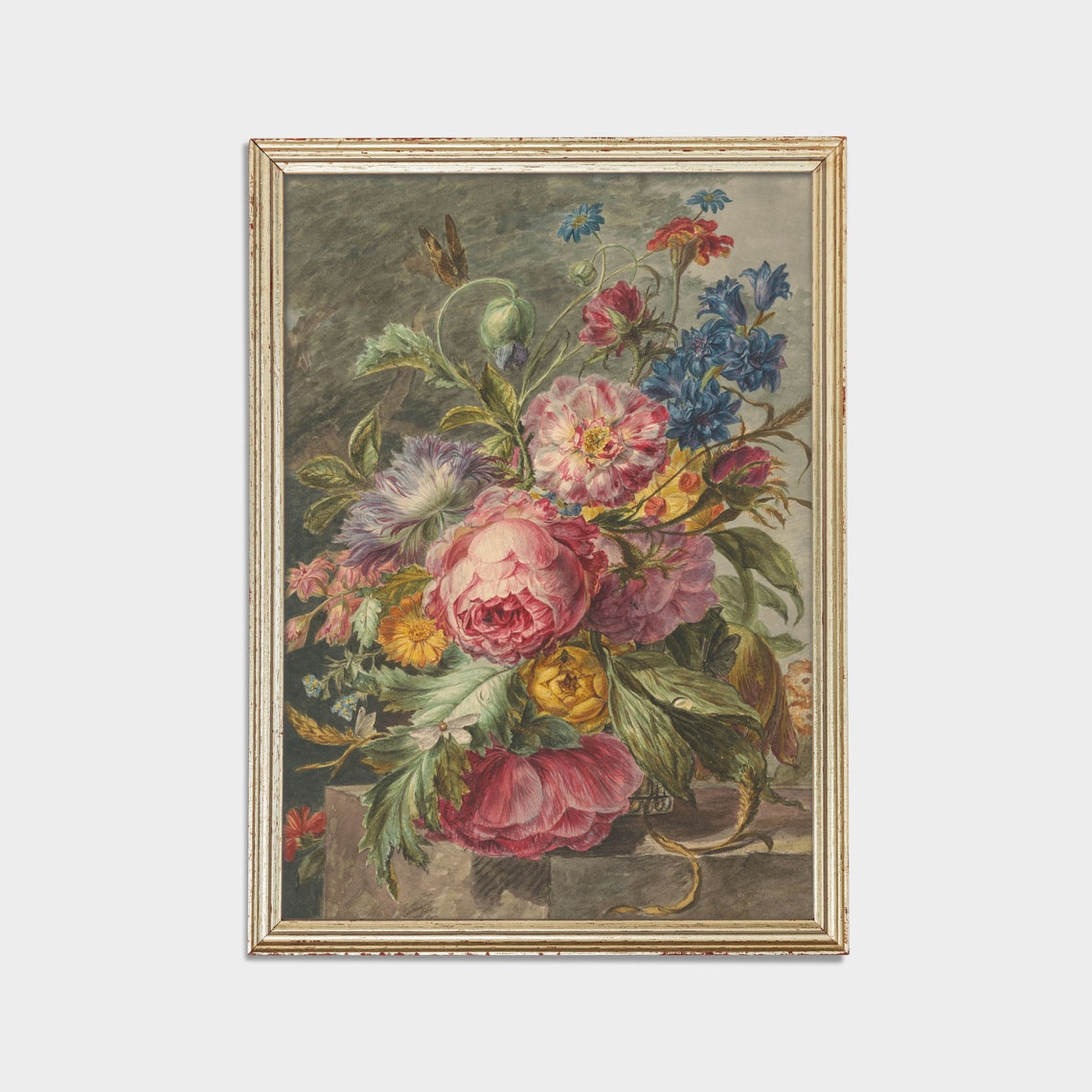 Pink Peonies and Blue Cornflowers Antique Floral Bouquet Poster - Image 2