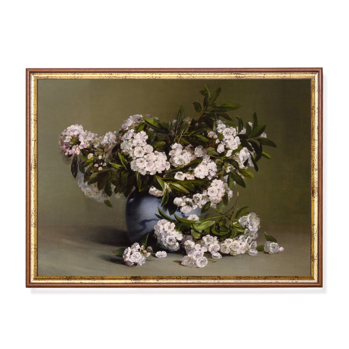 White Blossoms in Blue Vase Vintage Floral Still Life Poster