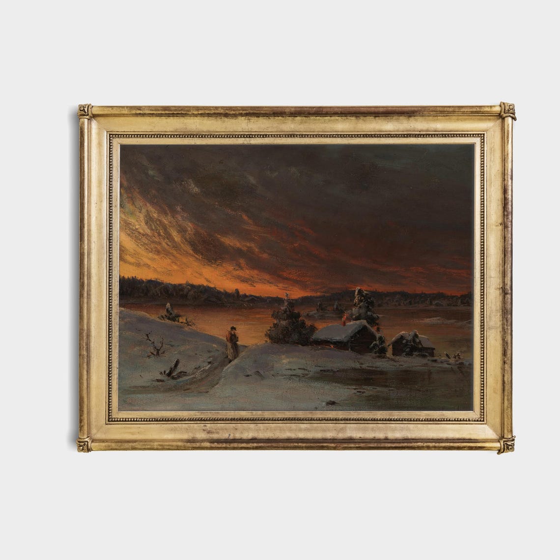 Fiery Winter Evening Sunset over a Frozen River with Cabins Poster - Image 4