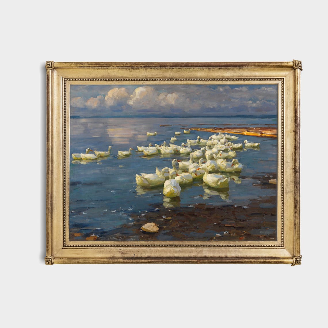 Flock of White Ducks on a Calm Lake at Dusk Vintage Art Poster - Image 4