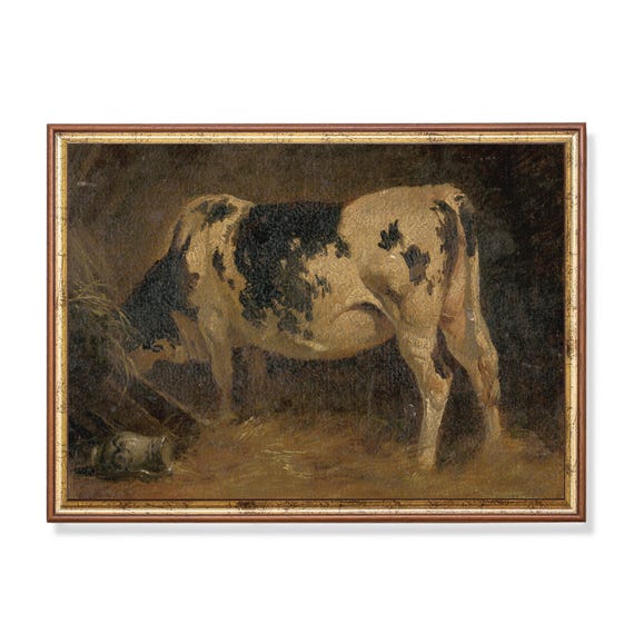 Print And Ship Vintage Cow Painting Antique Animal Print Moody Rustic Artwork Mailed Print Farmhouse Country Decor Cow In A Barn