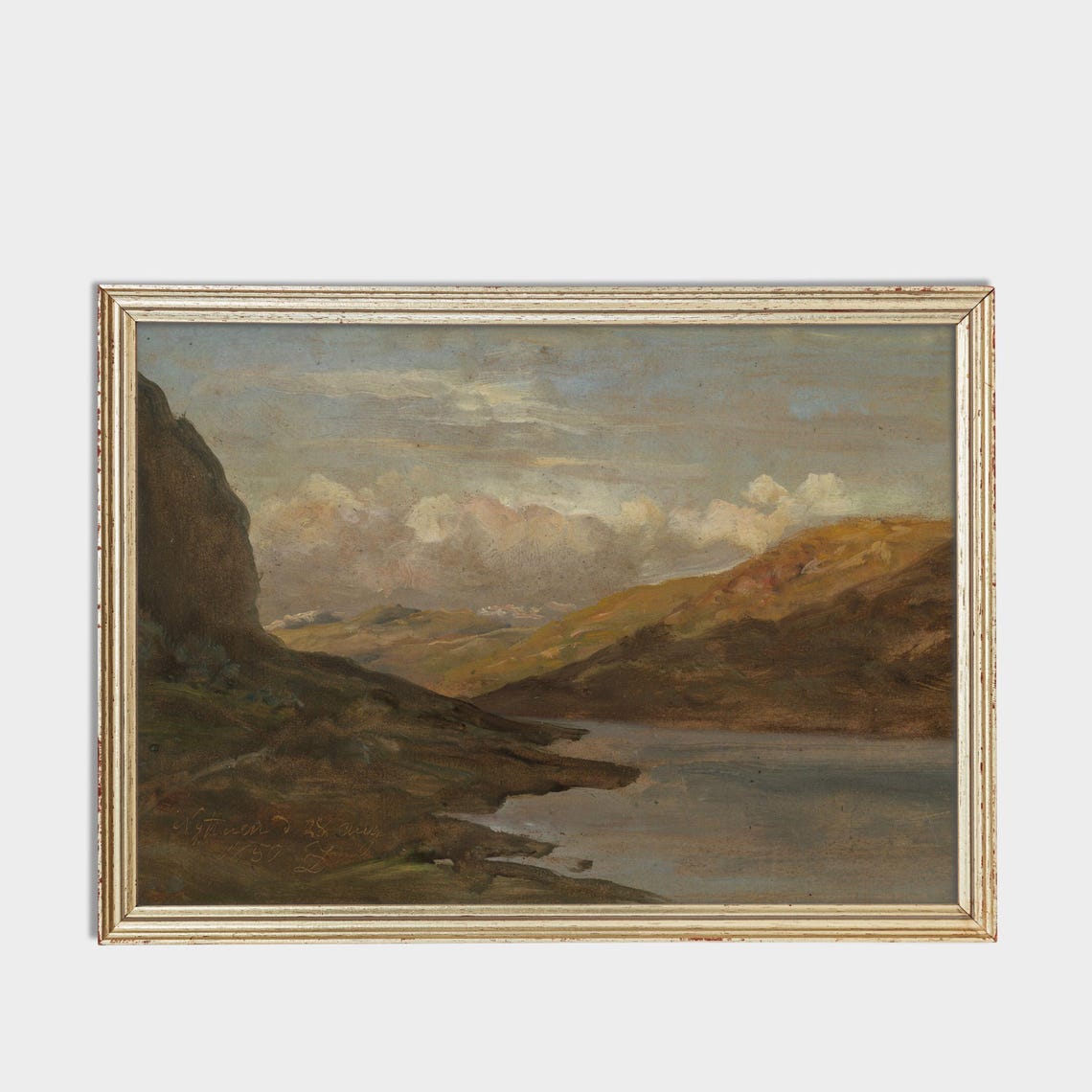 Antique Highland Lake And Hills Riverscape Painting Wall Poster - Image 3