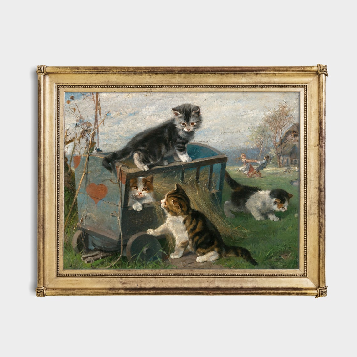 Vintage Kittens Playing Hay Cart Meadow Farm Animal Painting Poster - Image 2