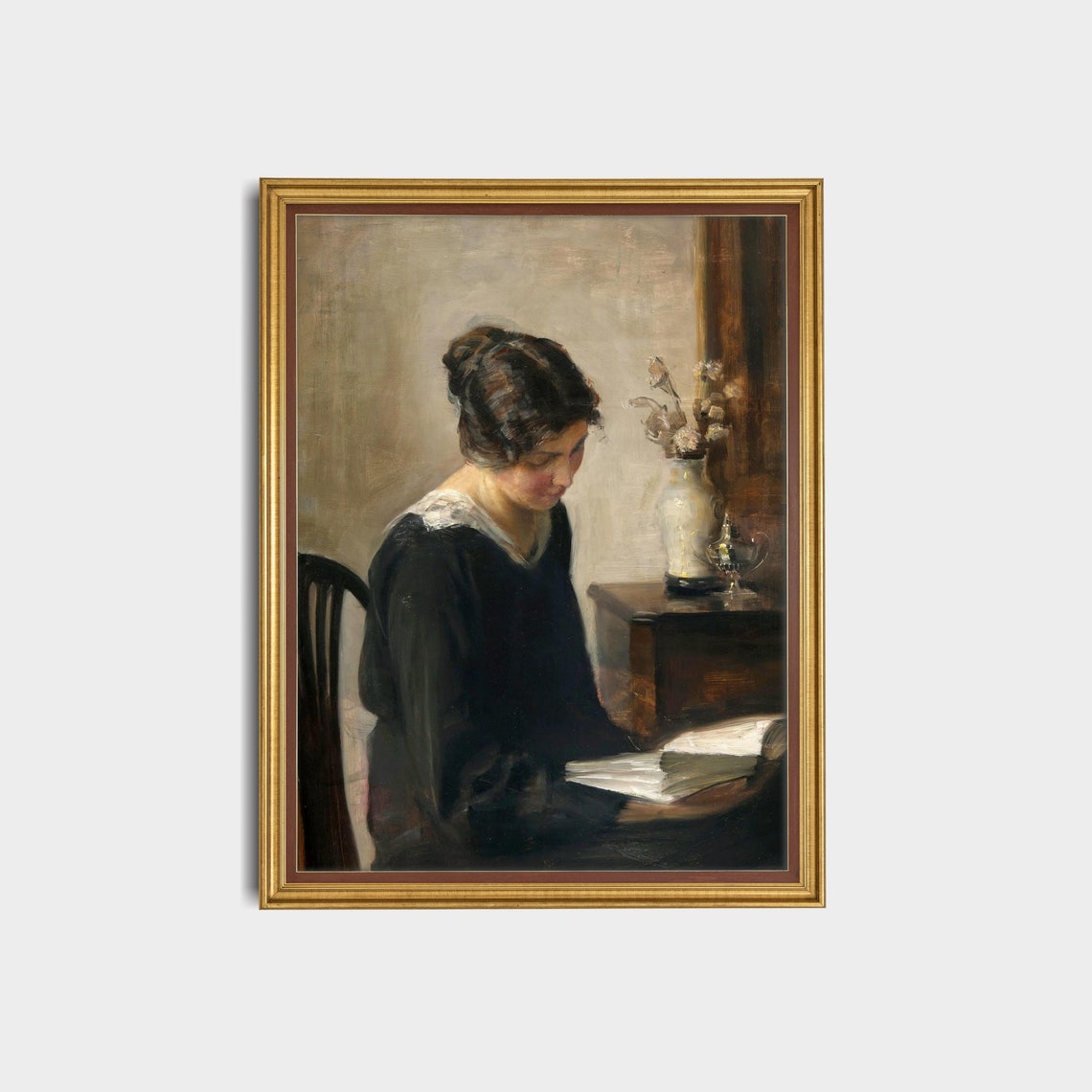 Woman Reading by a Window in a Danish Interior Vintage Oil Poster - Image 3
