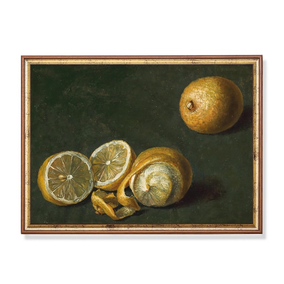 Vintage Lemon Still Life Print Classic Citrus Wall Art Antique Oil Painting Reproduction Rustic Kitchen Dining Room Decor