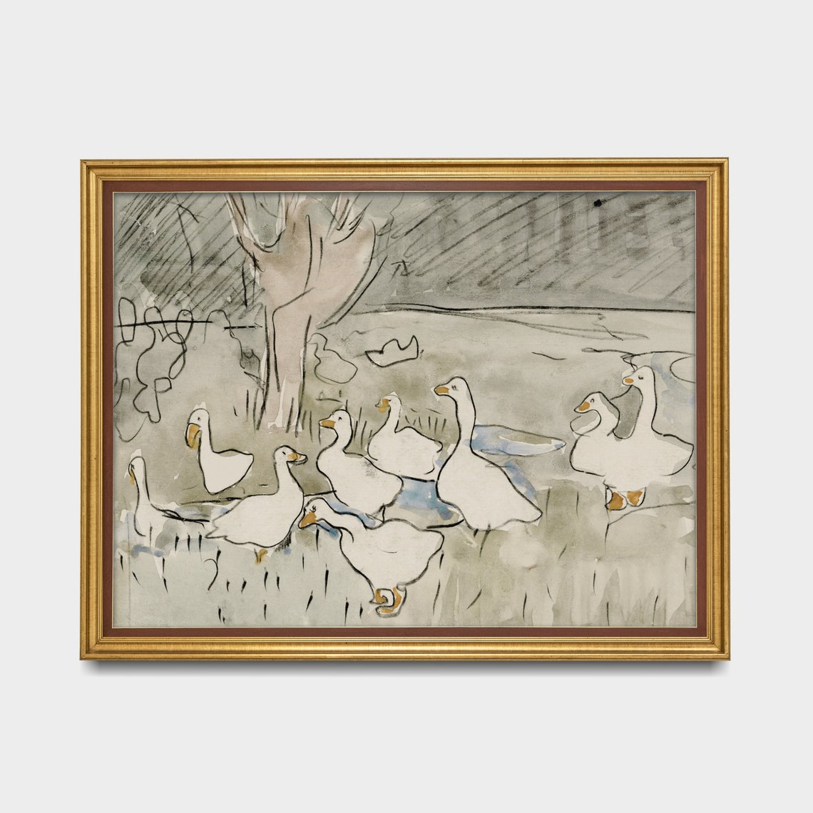 White Geese Walking by the Water Loose Watercolor Sketch Poster - Image 3