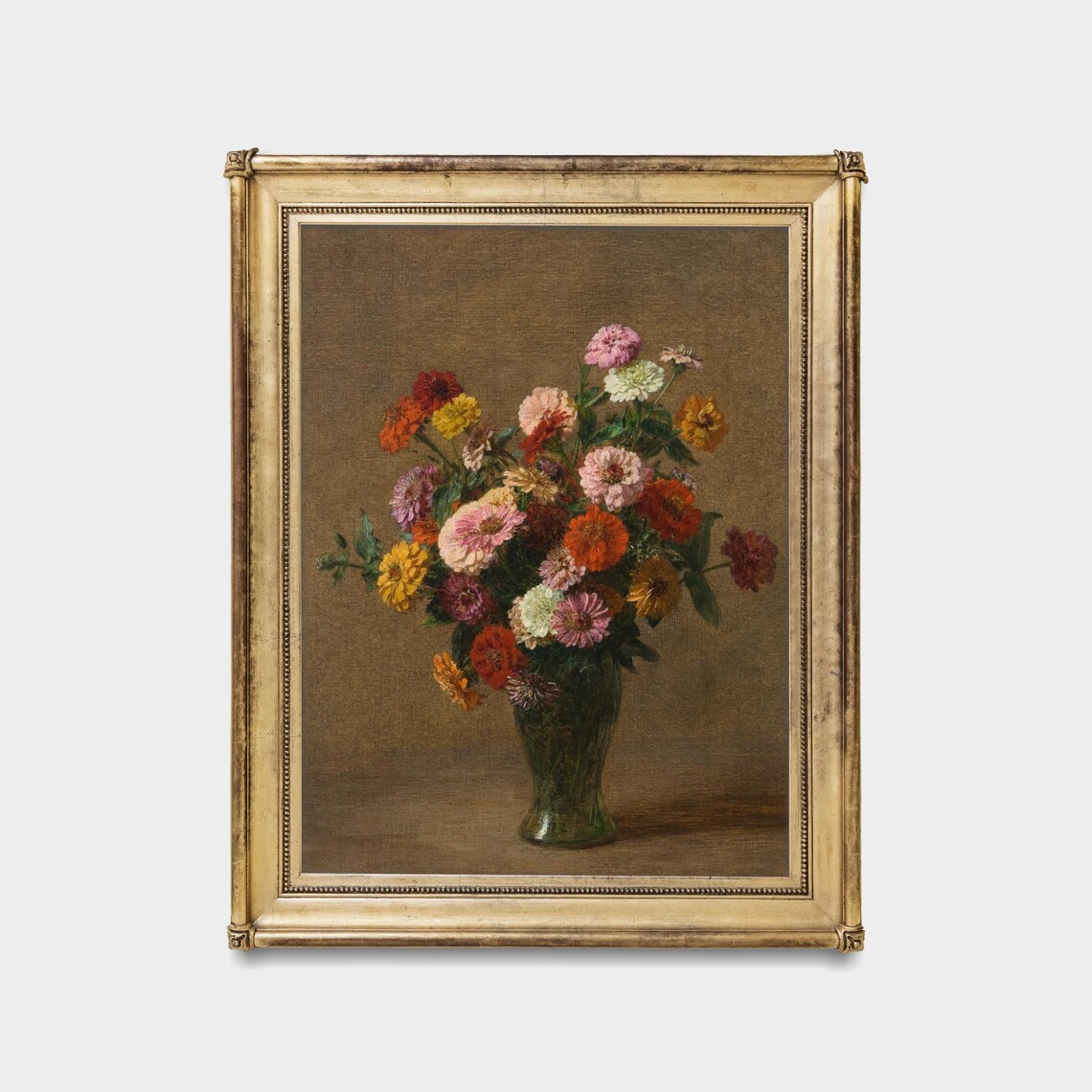 Colorful Zinnias Bouquet Green Vase Realistic Floral Art Poster - Image 5