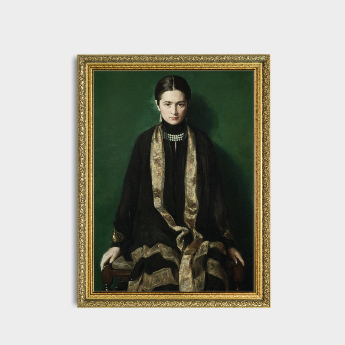 Young Woman In Black Dress With Pearls On Emerald Green Ground Poster - Image 3