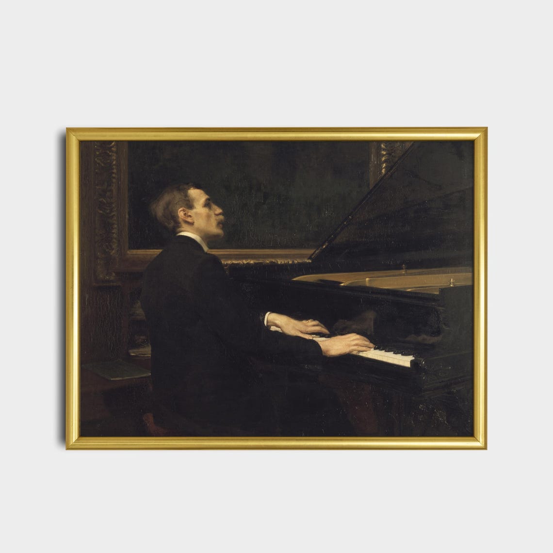 Young Gentleman Playing a Grand Piano in a Dimly Lit Room Poster - Image 2