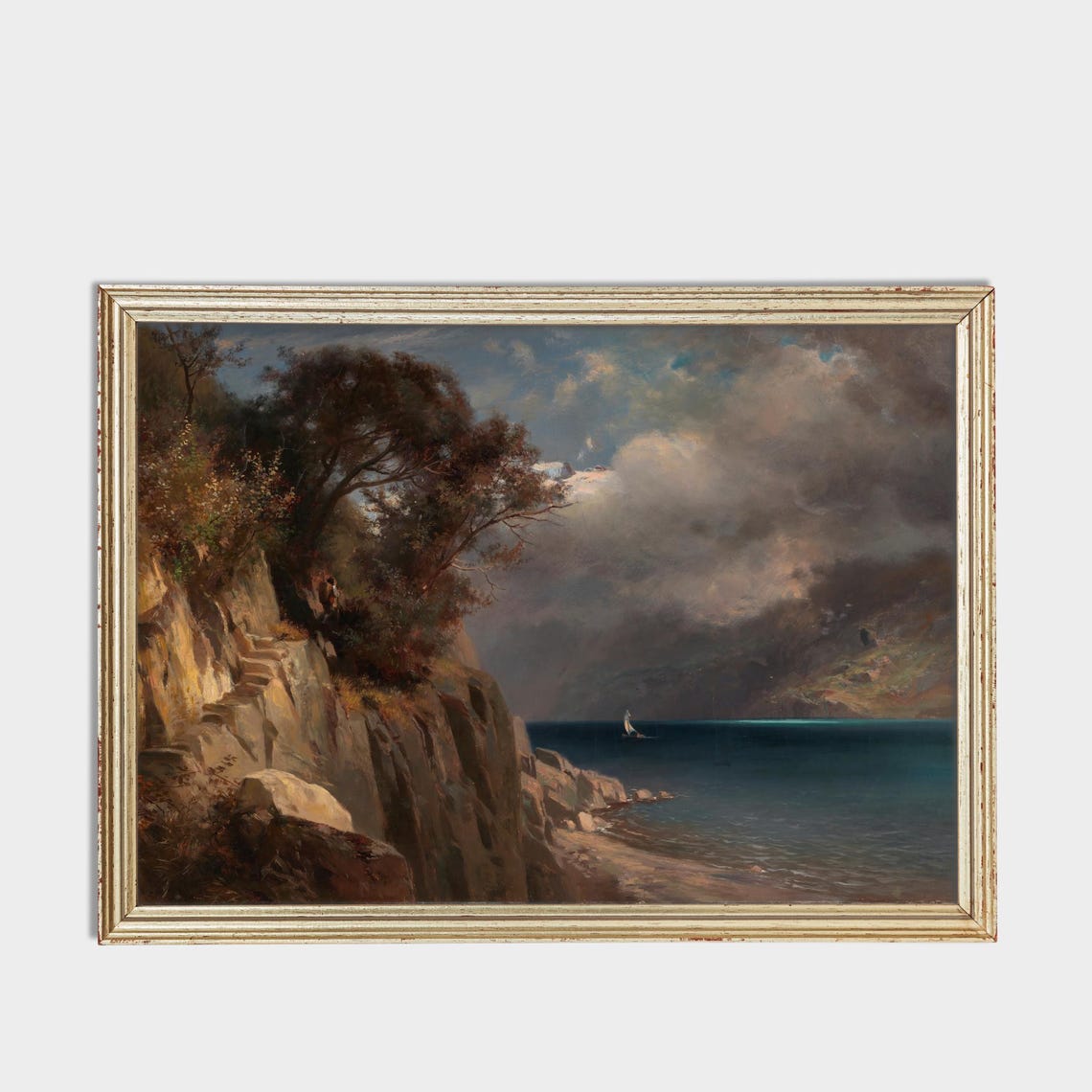 Rocky Sea Cliff with a Distant Sailboat Moody Coastal Poster - Image 3