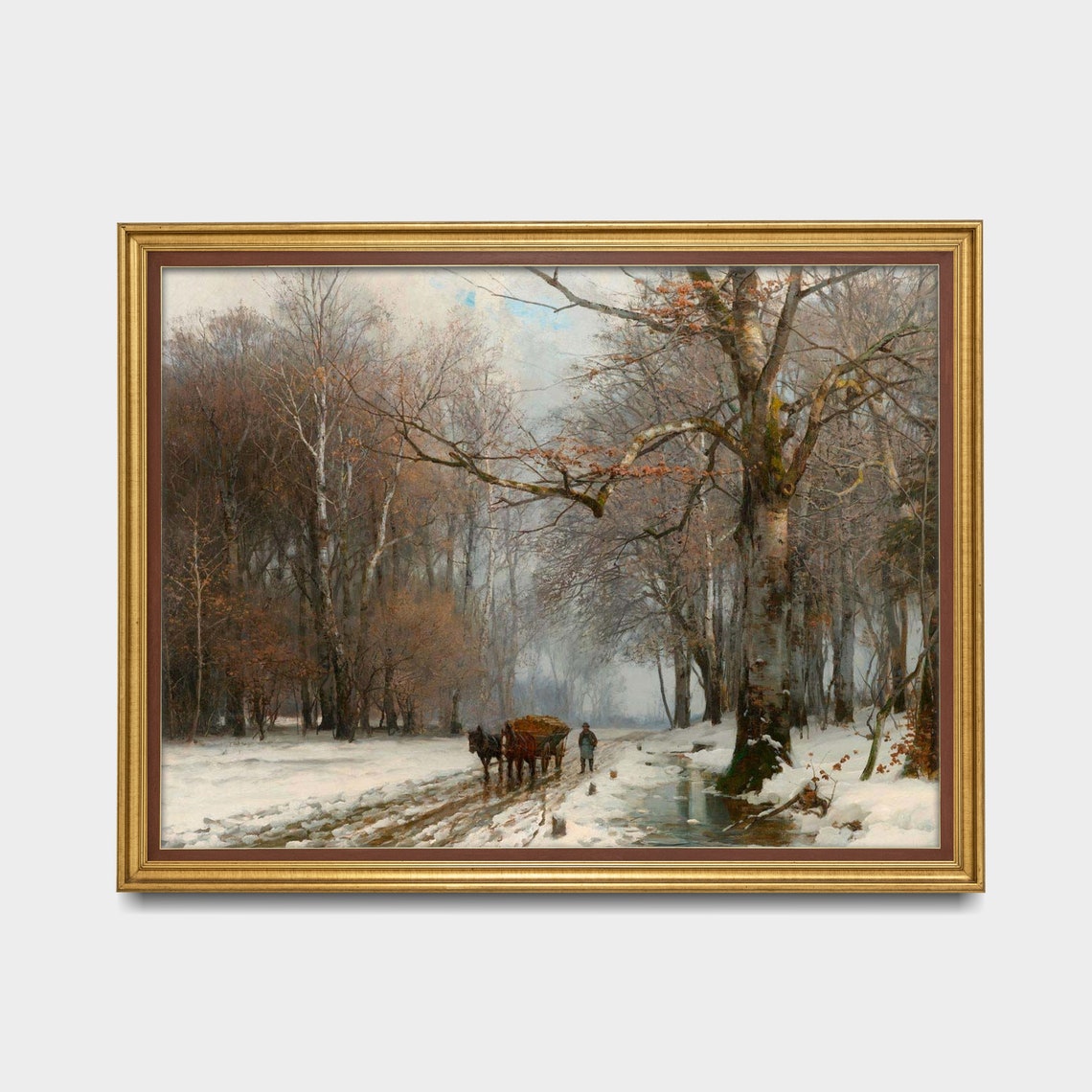 Wood Cart on a Snowy Forest Road with a Stream Winter Poster - Image 2