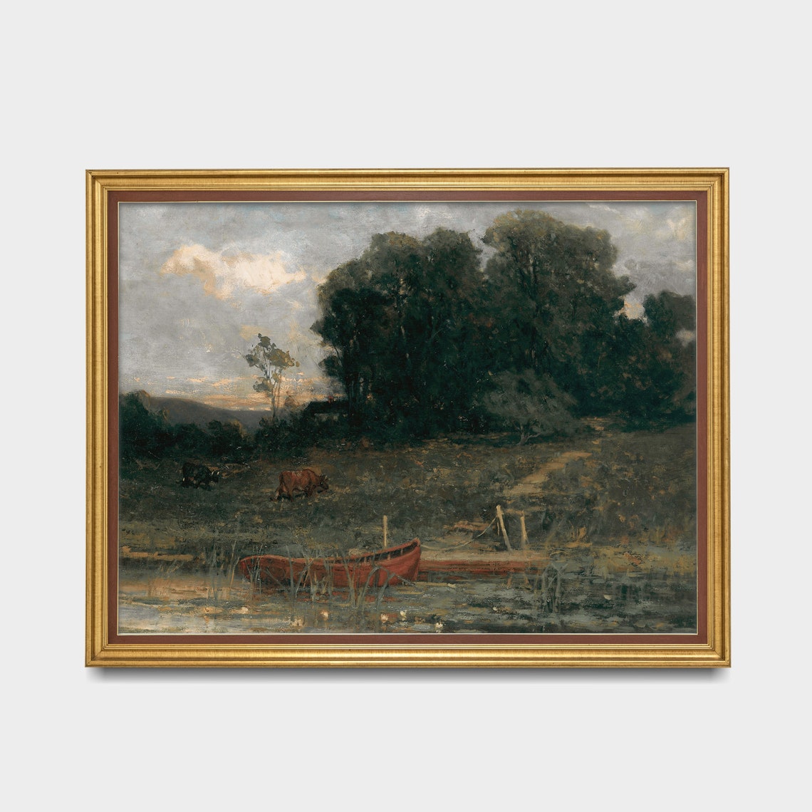 Red Rowboat at Riverside Dusk Antique Country Painting Poster - Image 3
