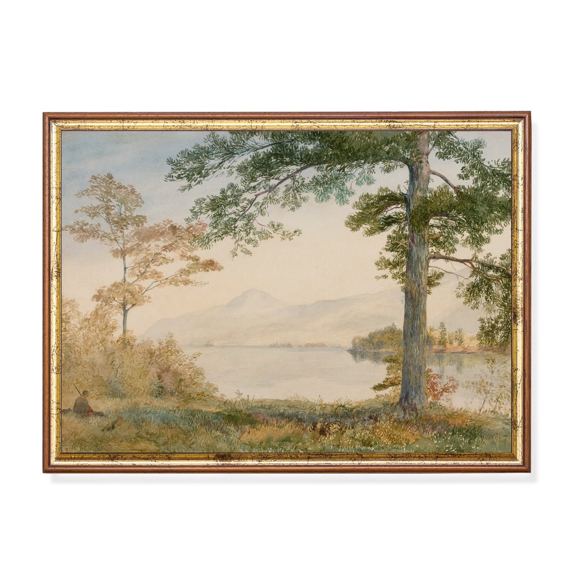 Misty Mountain Lake Watercolor with Tall Pines Scenic Poster