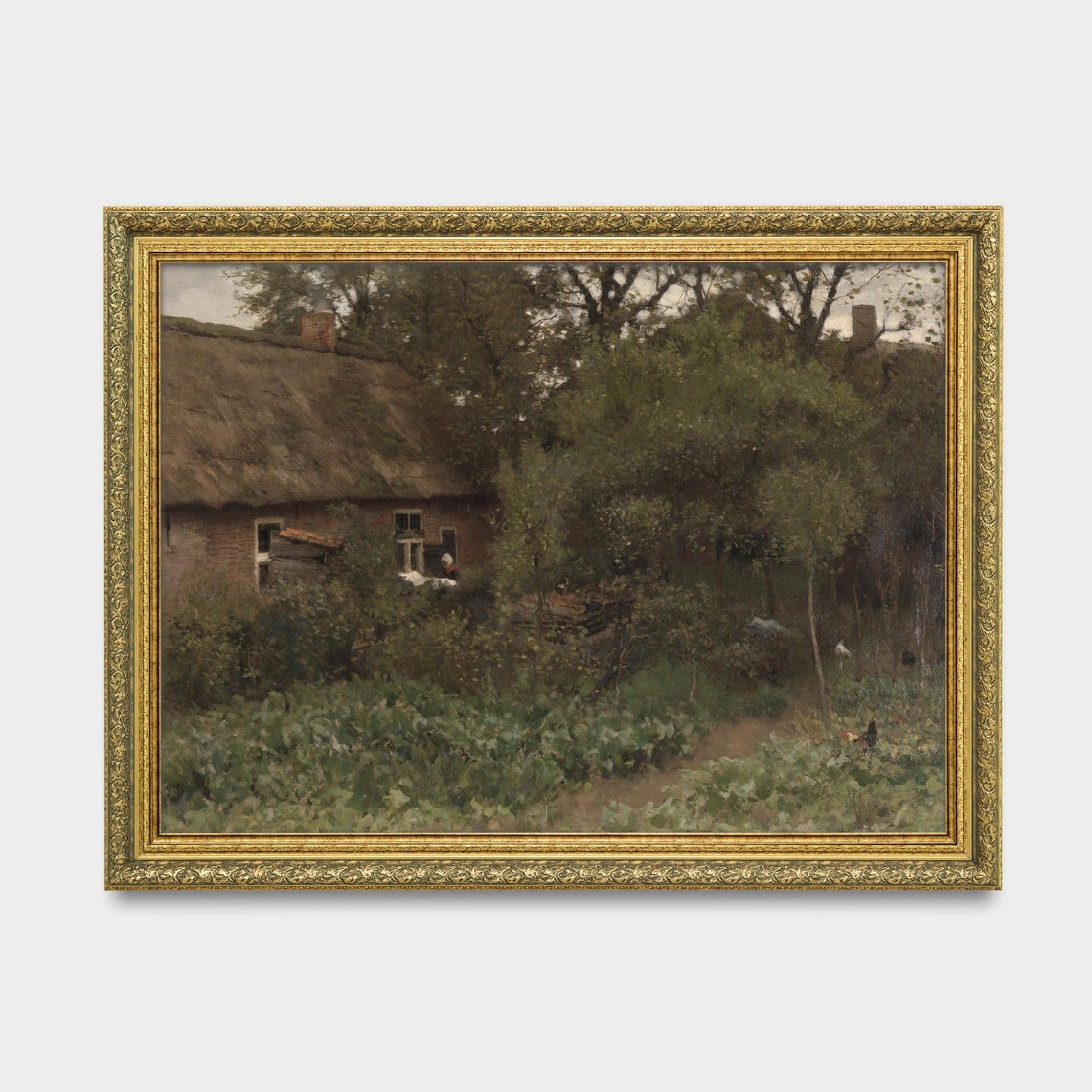 Thatched Cottage Garden Chickens Moody Country Landscape Vintage Print - Image 2