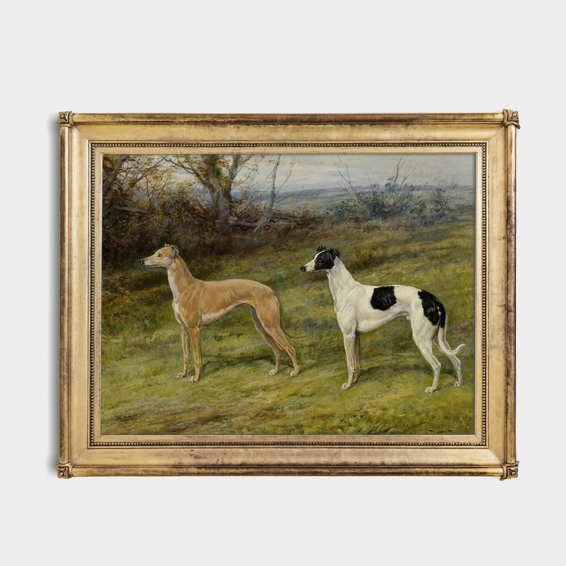 Vintage Painting of Two Greyhound Dogs in a Countryside Field Poster - Image 3