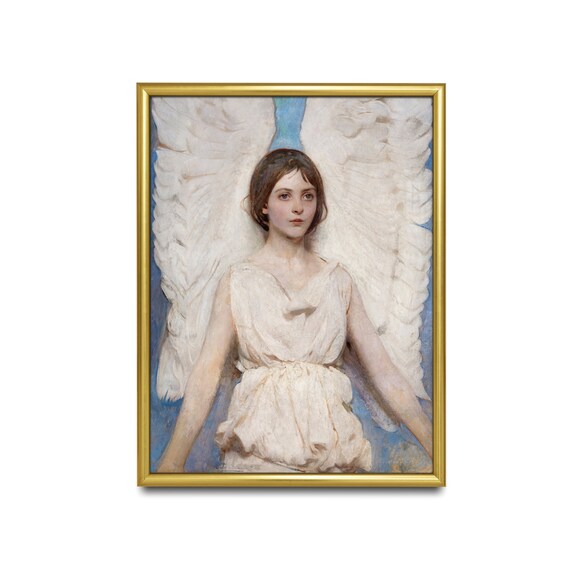 Serene White Winged Angel in White Drapery Vintage Religious Art Poster