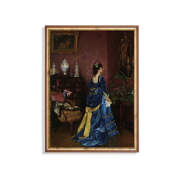 Woman in Blue Satin Gown in a Victorian Parlor Interior Poster