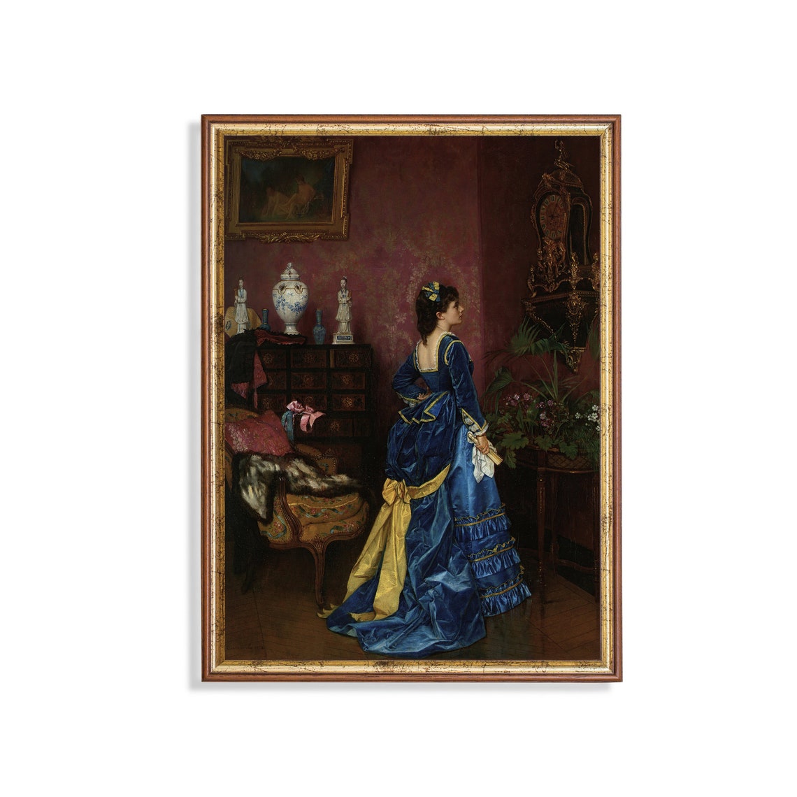 Woman in Blue Satin Gown in a Victorian Parlor Interior Poster