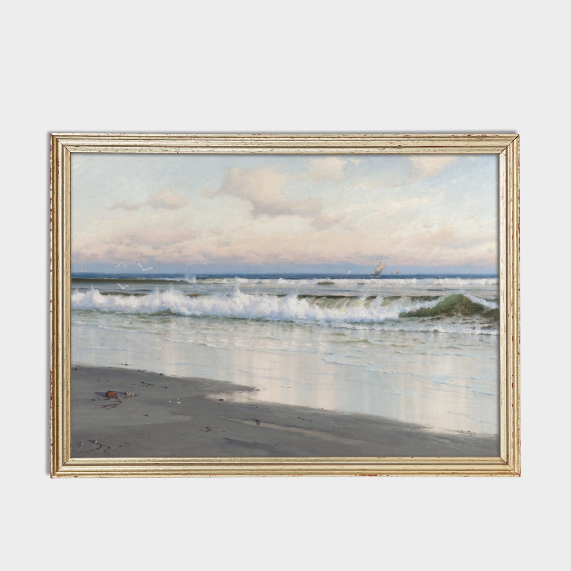 Sunset Ocean Waves Breaking on a Sandy Beach Antique Seascape Poster - Image 2