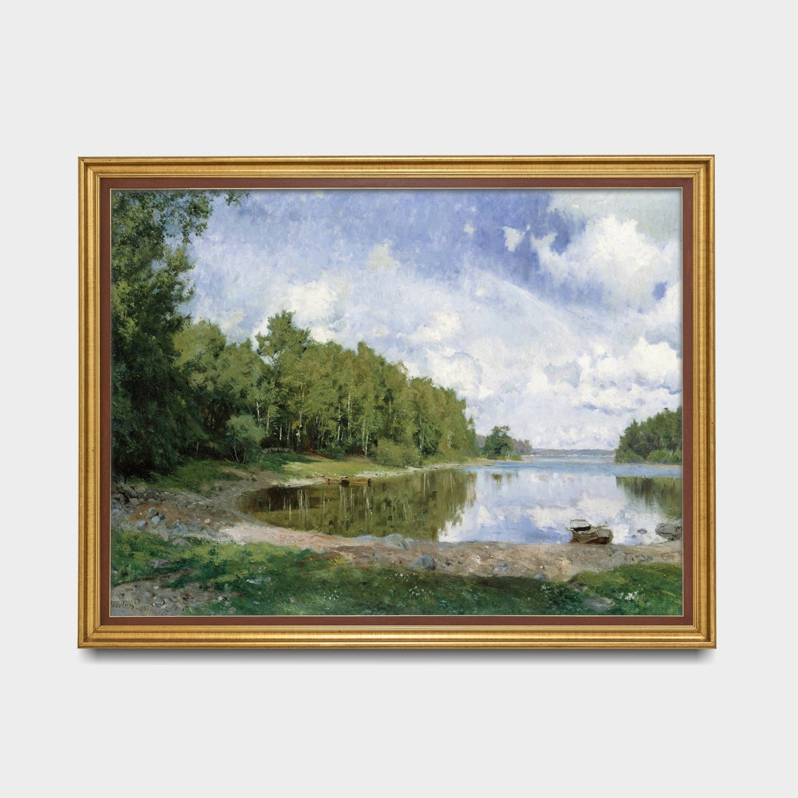 Serene Lake With Birch Trees and Rowboat Summer Landscape Poster - Image 3