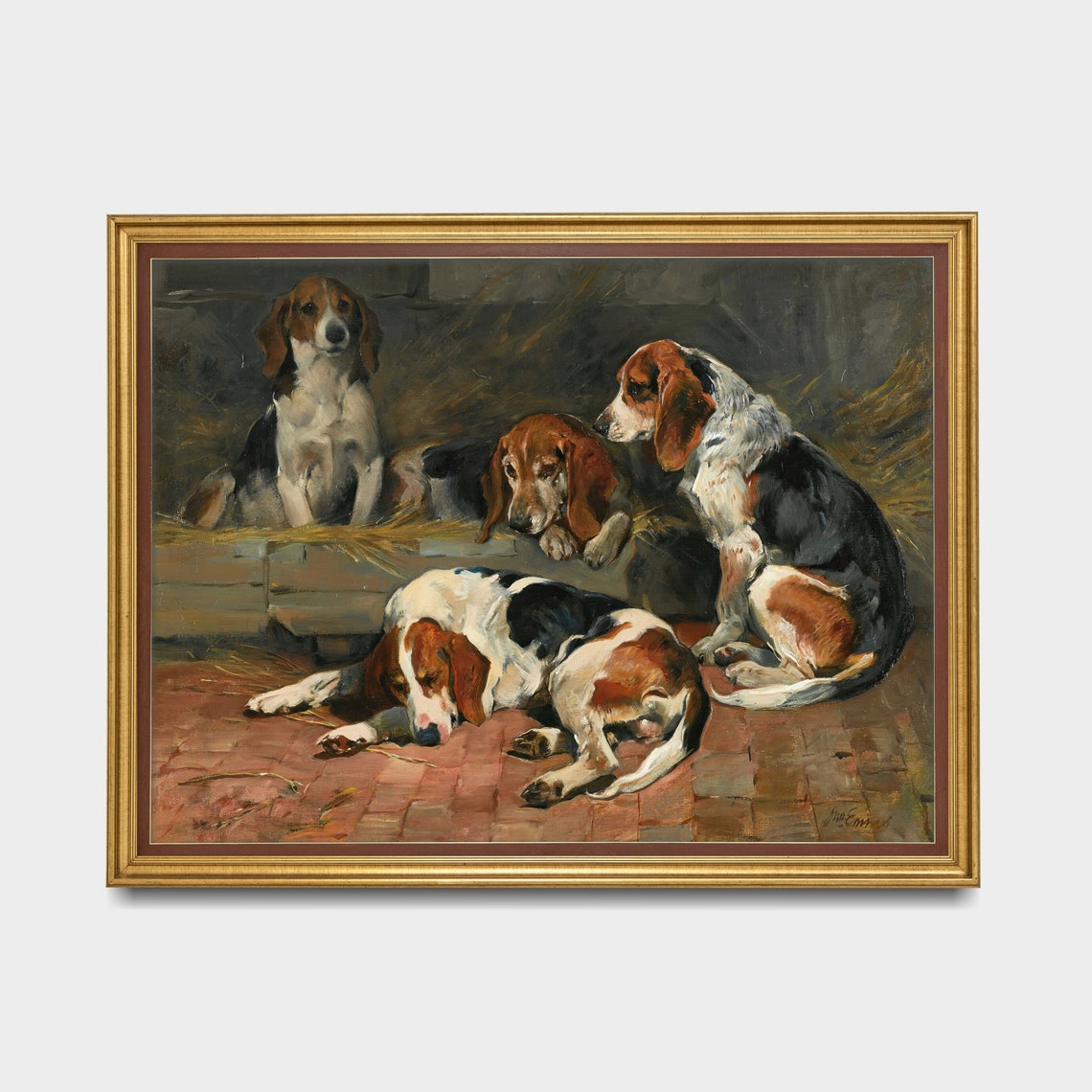 Four Beagles Resting Together in a Straw Kennel Dog Painting Poster - Image 3