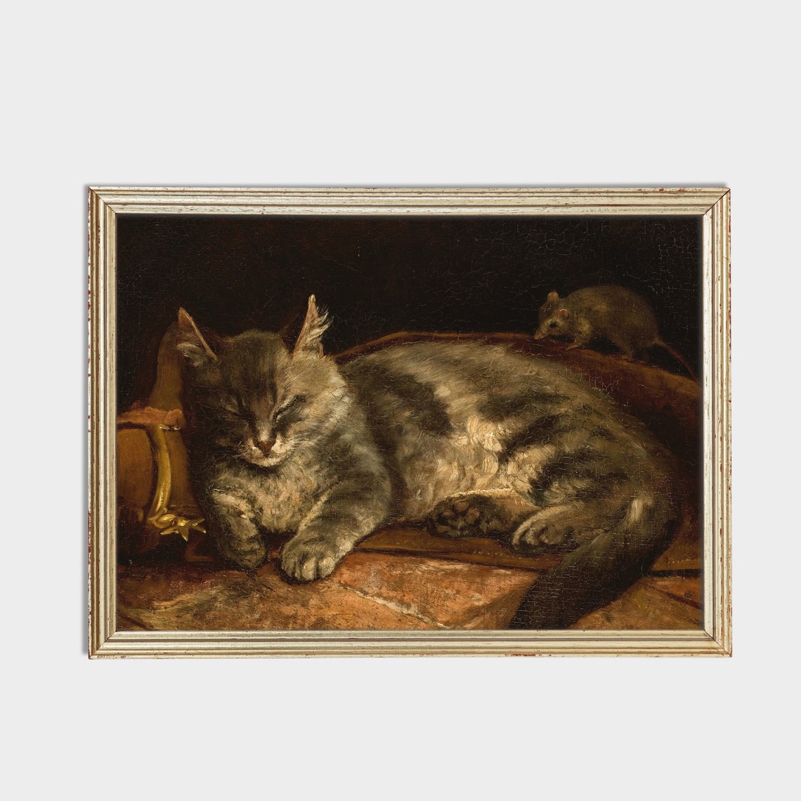 Sleeping Grey Tabby Cat with a Mouse in Moody Oil Style Poster - Image 2