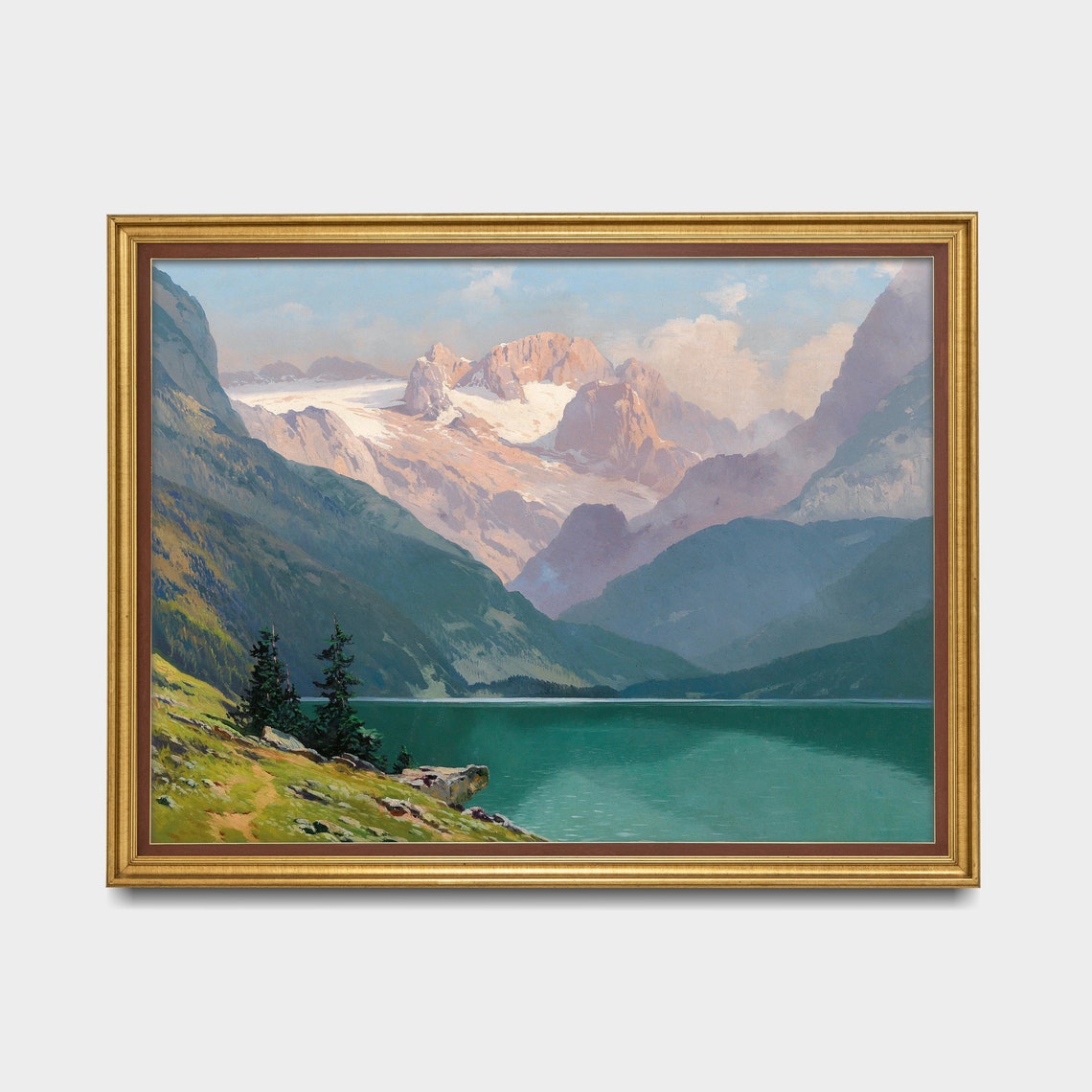 Turquoise Alpine Lake Beneath Glowing Snow Capped Peaks Vintage Poster - Image 3