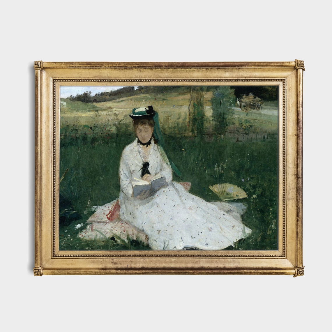 Woman Reading a Book in a Sunny Meadow Vintage Painting Poster - Image 2