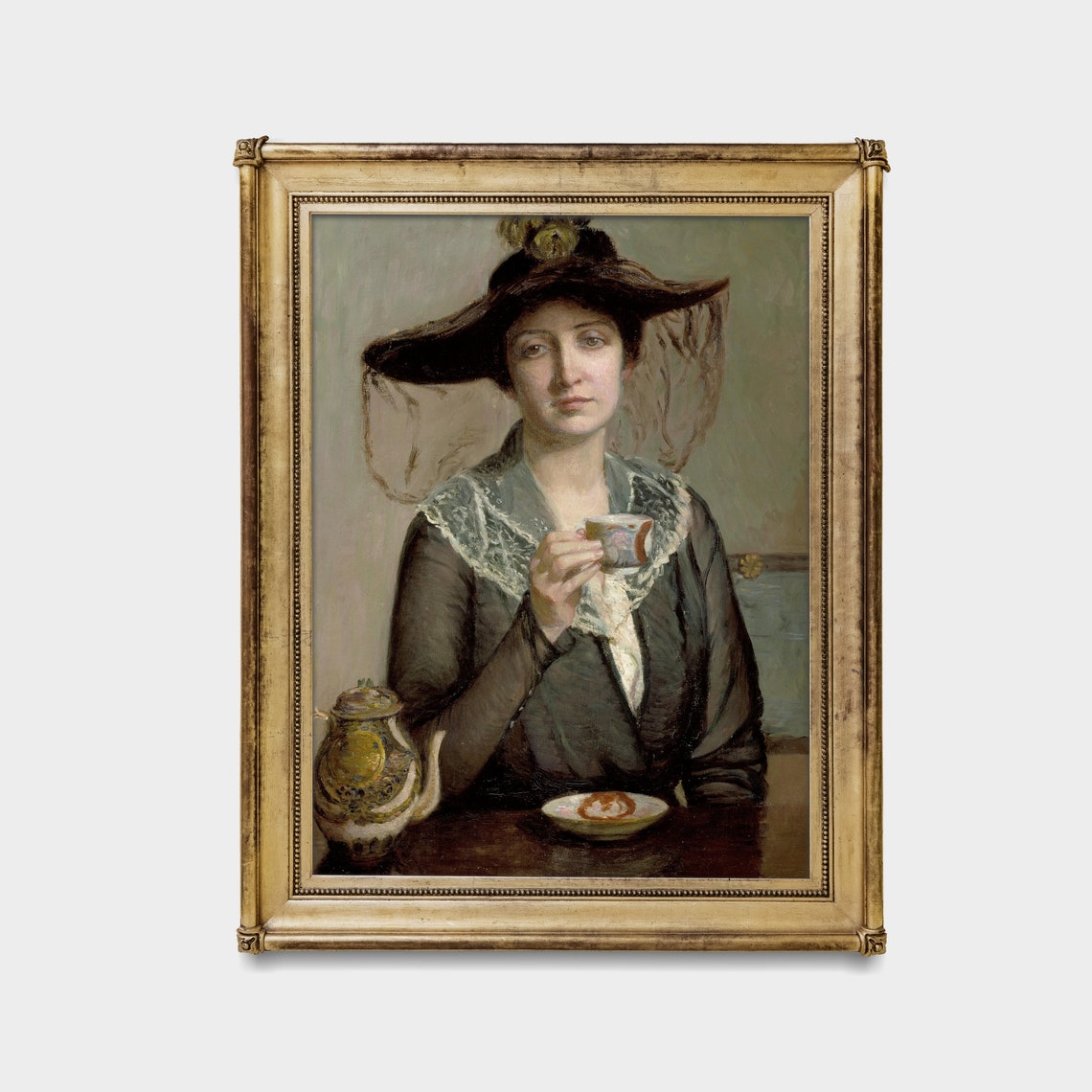Elegant Woman in a Veiled Hat Drinking Tea Vintage Portrait Poster - Image 3