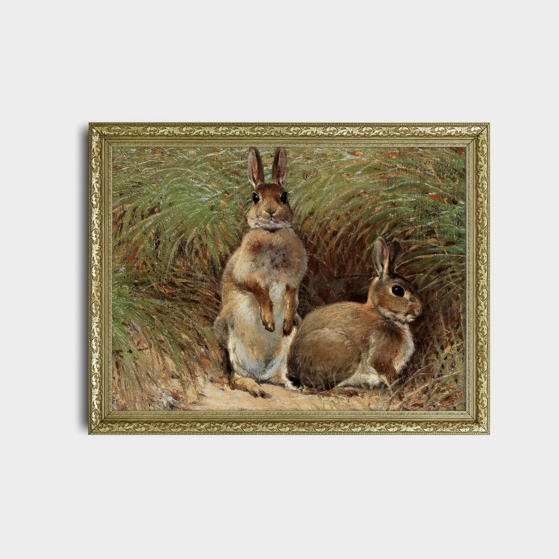 Two Rabbits by a Burrow in Tall Grass Antique Animal Art Poster - Image 2