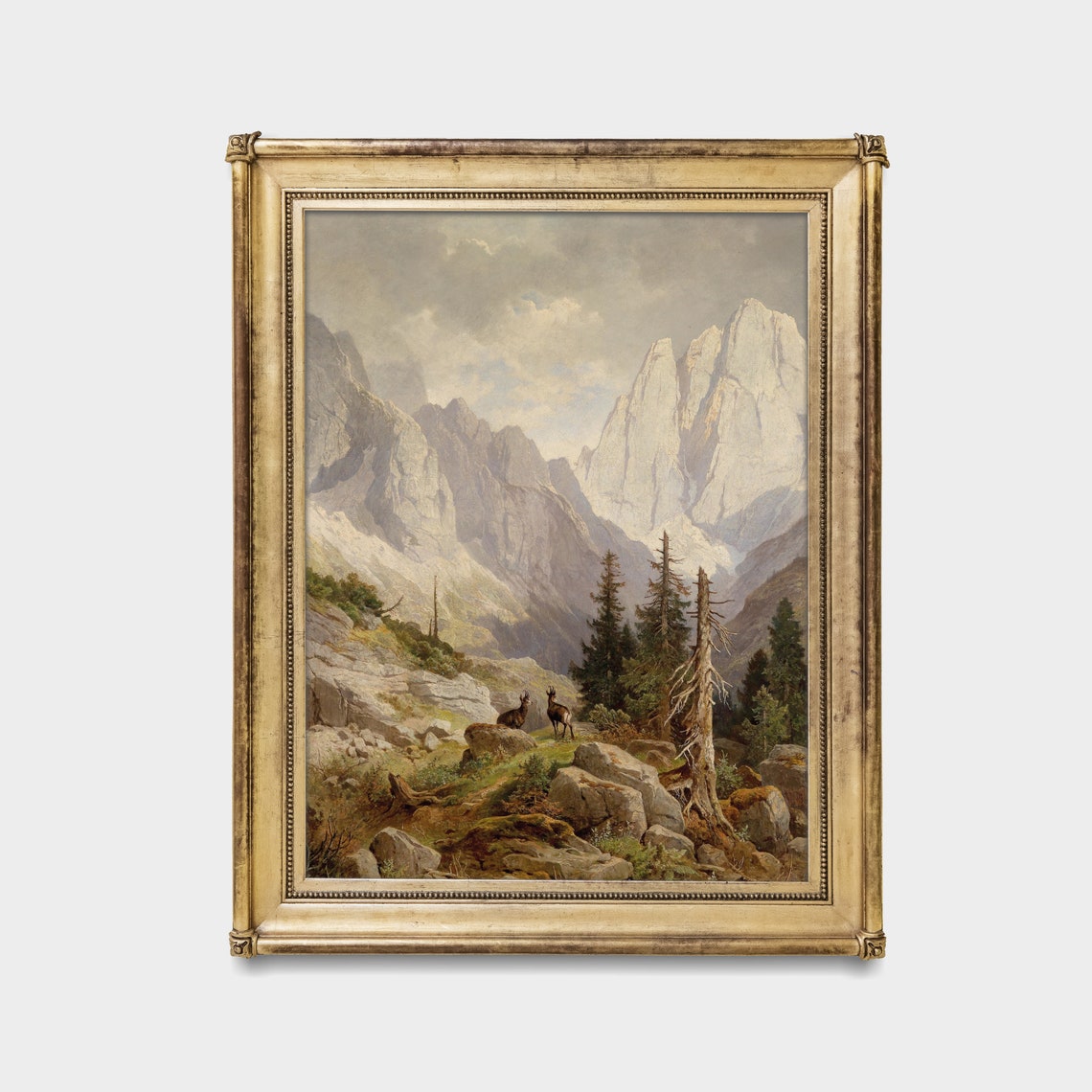 Snowy Alpine Peaks with Deer on Rocky Trail Vintage Mountain Poster - Image 2