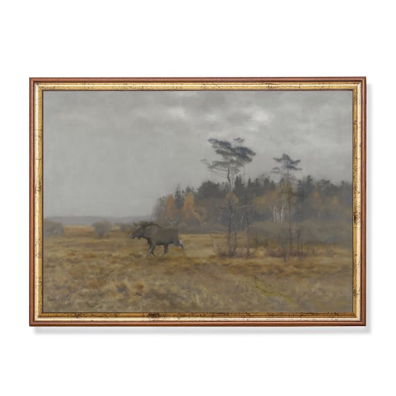 Moose Walking Through a Misty Autumn Marsh Vintage Landscape Poster