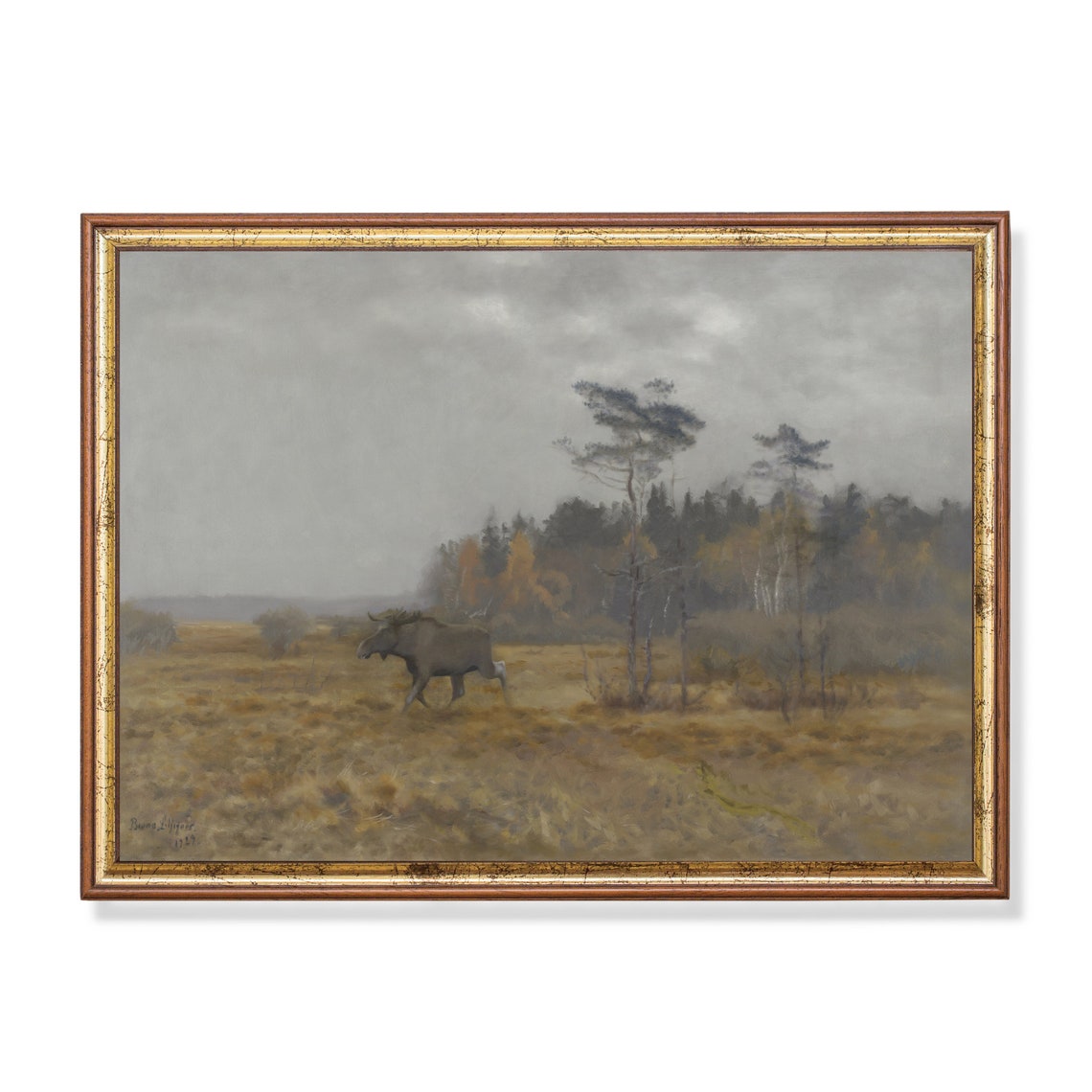 Moose Walking Through a Misty Autumn Marsh Vintage Landscape Poster