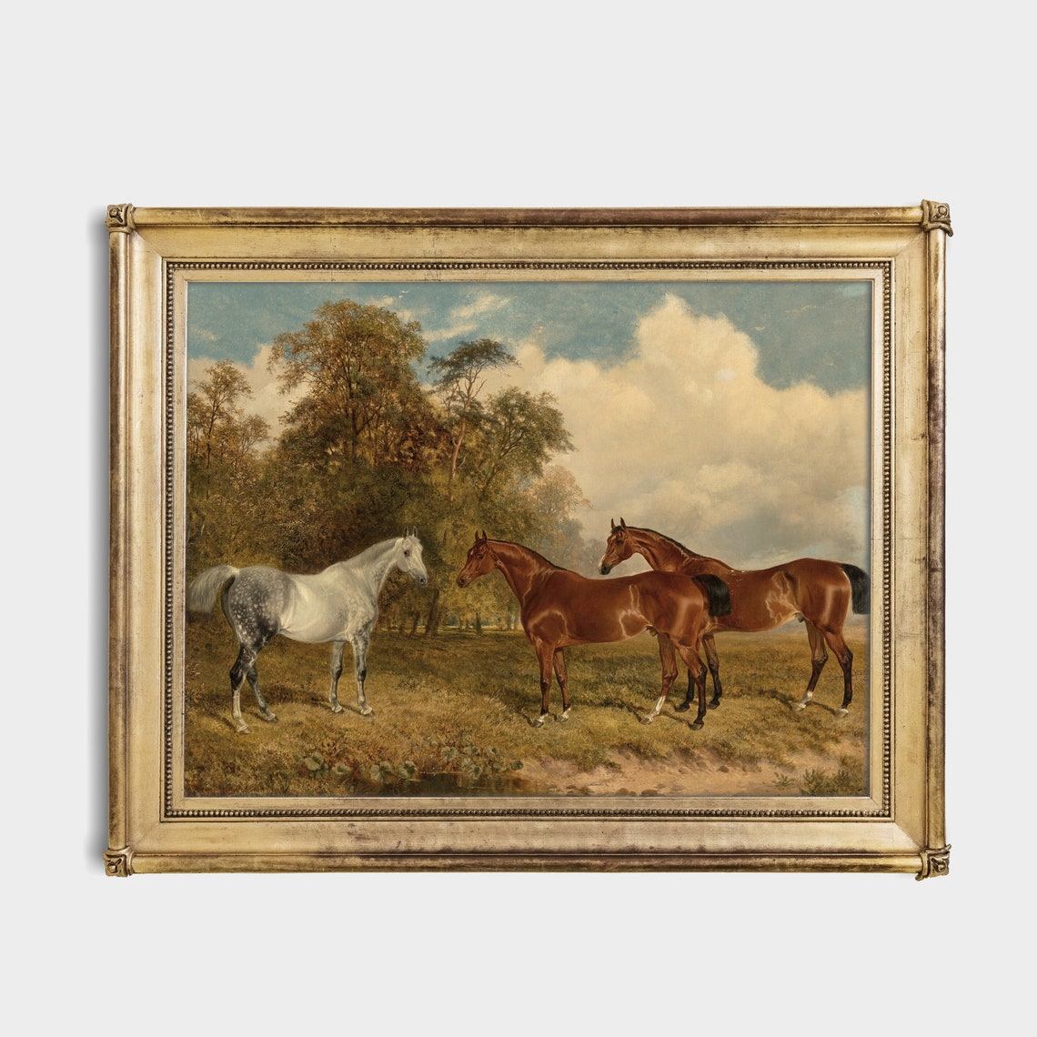 Antique Three Horses Standing in a Cloudy Meadow Vintage Poster - Image 2