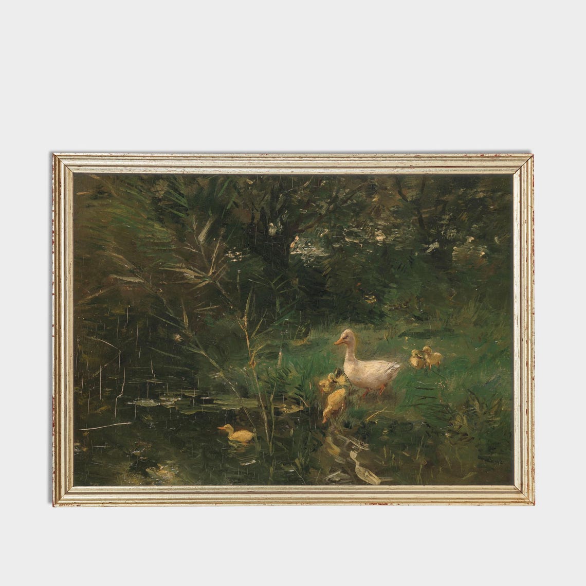 Charming White Duck with Ducklings by a Woodland Pond Vintage Poster - Image 3