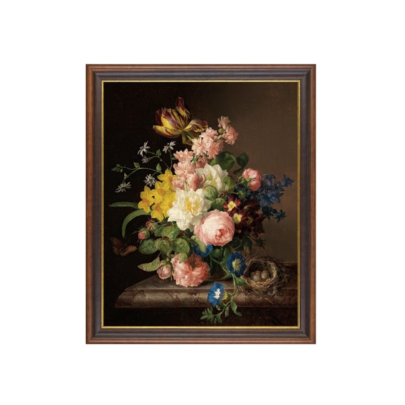 Print And Ship Vintage Still Life With Flowers Antique Floral Bouquet With Birds Nest And Butterfly Moody Rustic Print Mailed Art