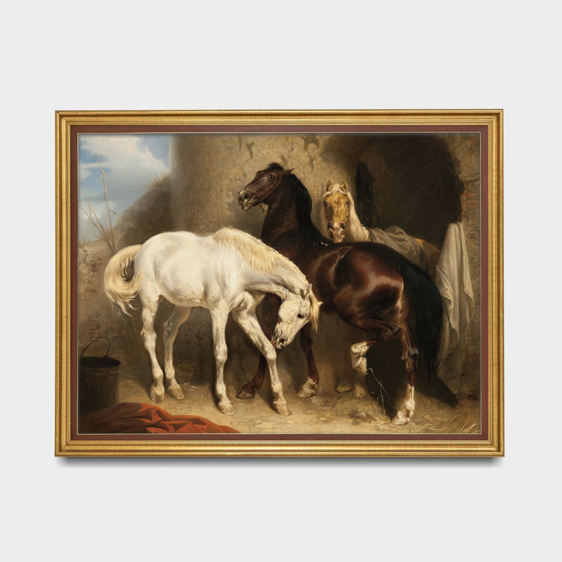 Three Horses Resting at a Rustic Old Stable Doorway Antique Poster - Image 3