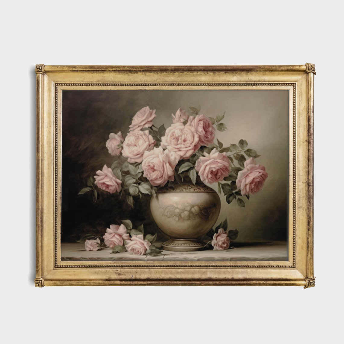 Blush Pink Roses In A Stone Vase Moody Floral Still Life Poster - Image 4