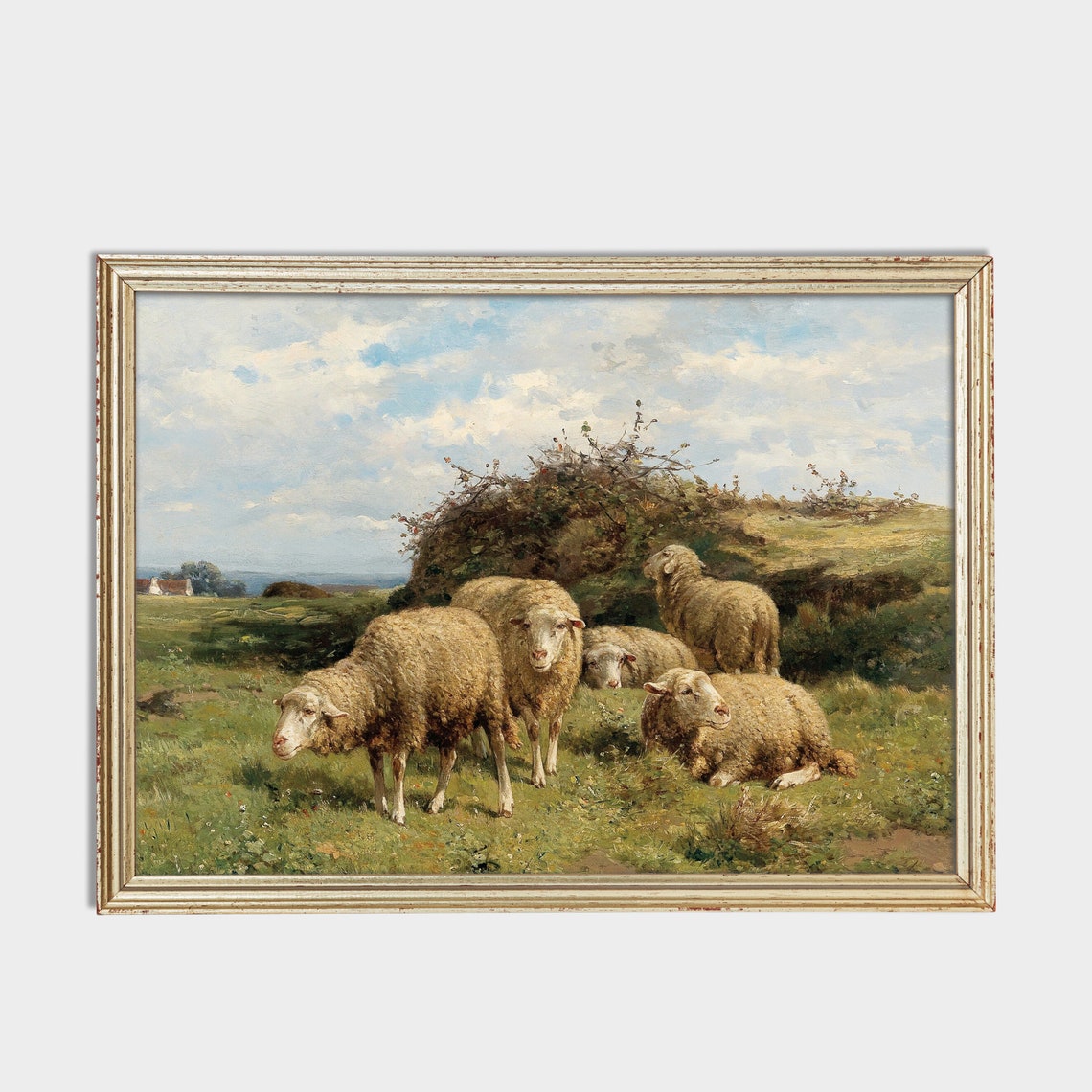 Vintage Sheep Flock Grazing in a Sunny Green Meadow Rustic Farm Poster - Image 2