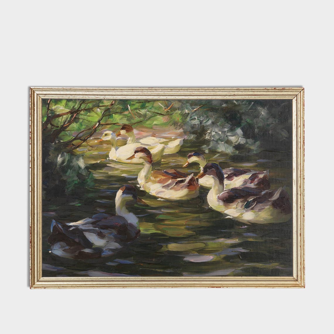 Six Ducks Swimming Pond Impressionist Vintage Bird Wildlife Art Poster - Image 3