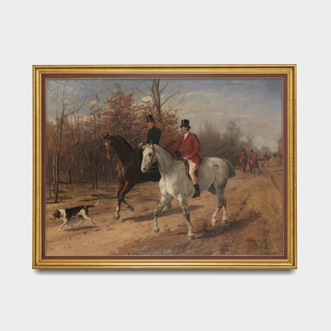 Fox Hunt Riders on Bay and Grey Horses in Autumn Woods Poster - Image 5