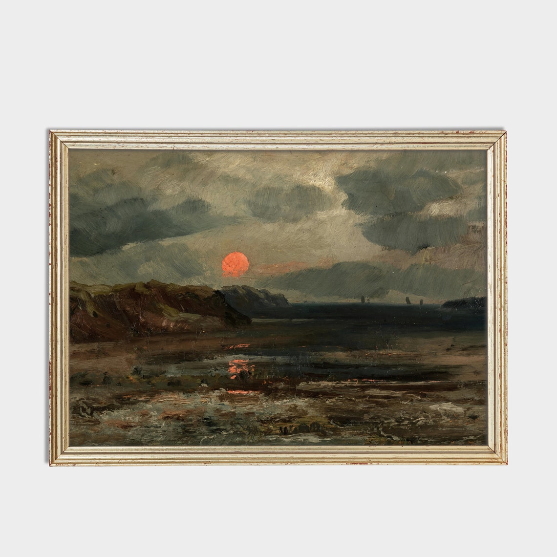 Red Sun Setting Over a Dark Sea Vintage Moody Seascape Painting Poster - Image 2