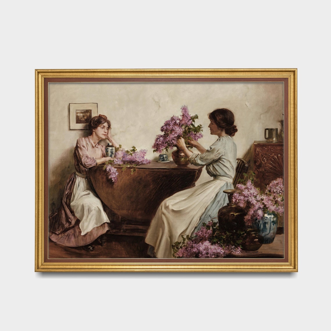 Two Women Arranging Lilacs at a Table Vintage Interior Painting Poster - Image 3