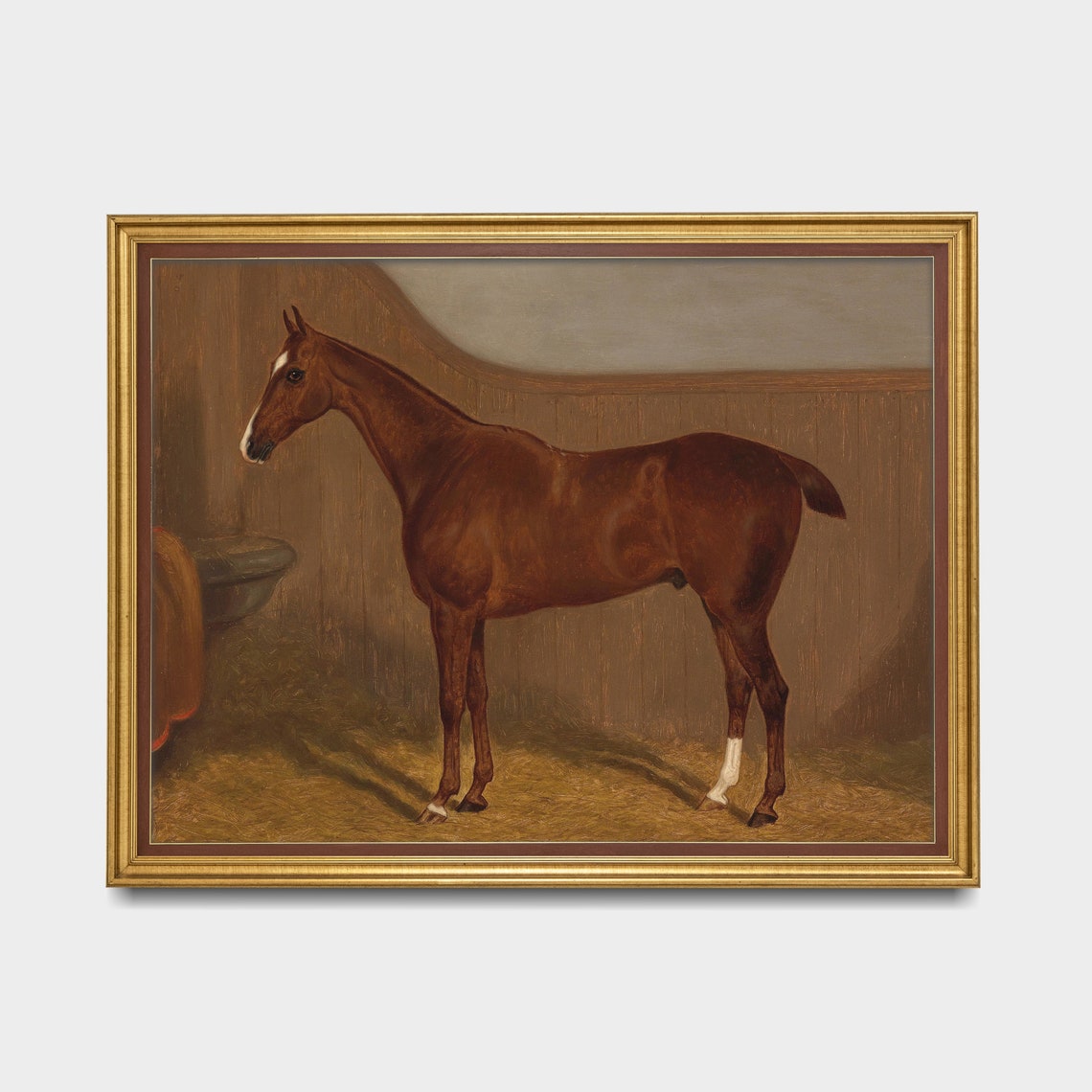 Chestnut Horse with White Blaze Unsaddled in Stable Vintage Poster - Image 3