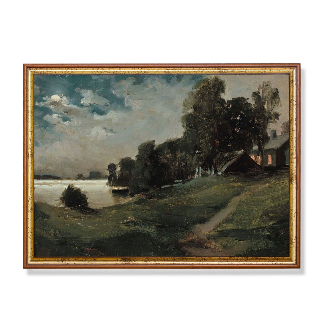 Moonlit Lakeside with Cottage and Boats Antique Landscape Poster