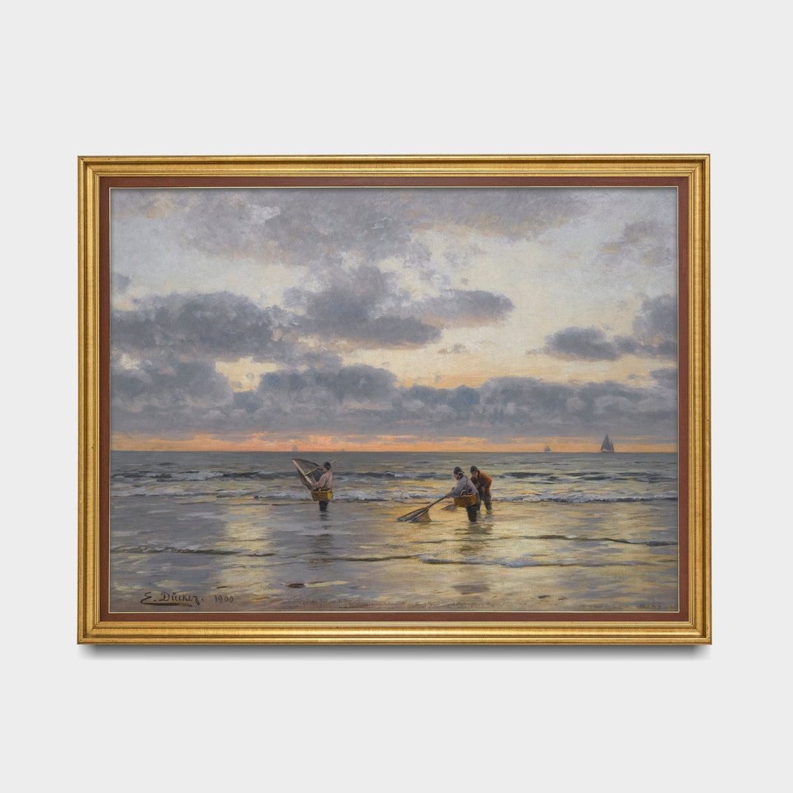Fishermen Casting Nets at Sunset Vintage Coastal Painting Poster - Image 3