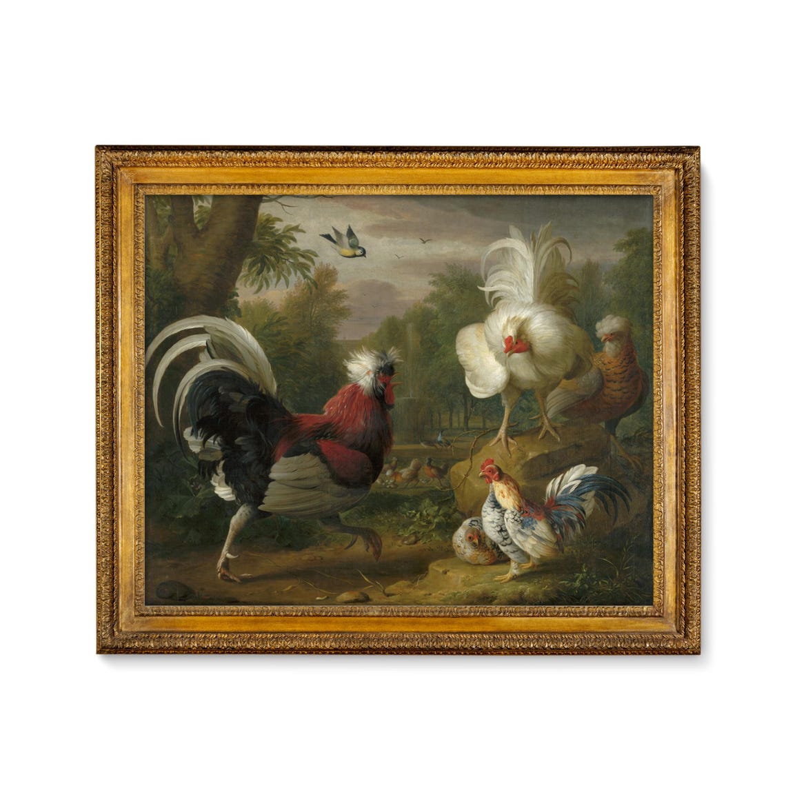 Strutting Roosters and Hens in a Sunlit Farmyard Vintage Poster - Image 5