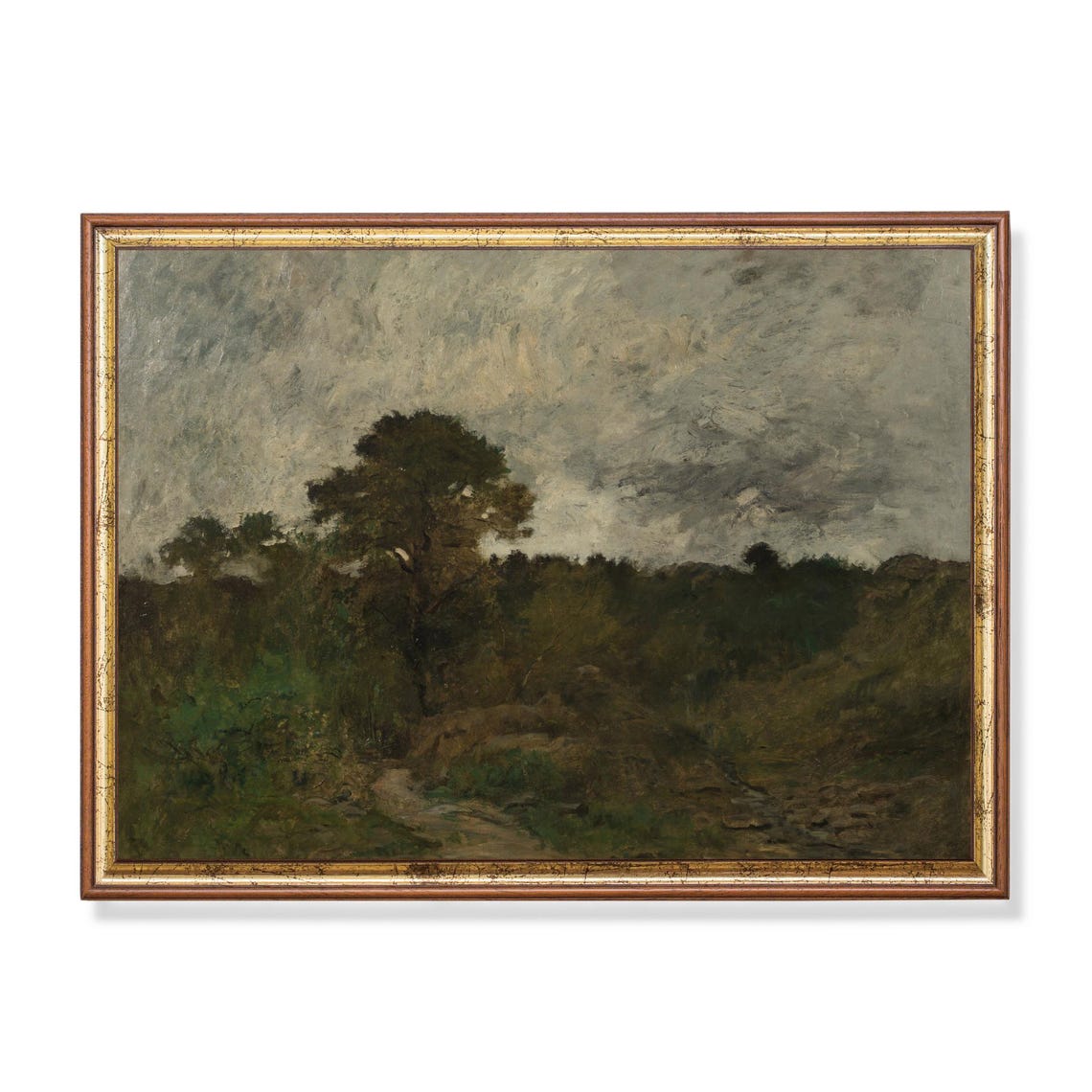 Dark Moody Forest Landscape Beneath an Overcast Gray Sky Poster
