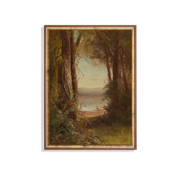 Mailed Print Riverscape Painting Vintage Wall Art Antique Landscape Print Moody Rustic Art Farmhouse Decor Printed And Shipped