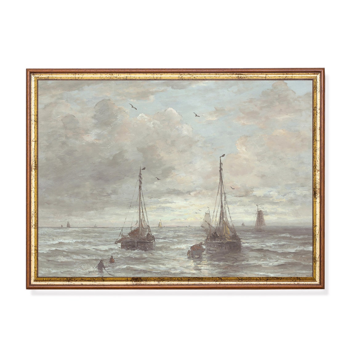 Fishing Sailboats on Shore Muted Coastal Vintage Seascape Art Poster